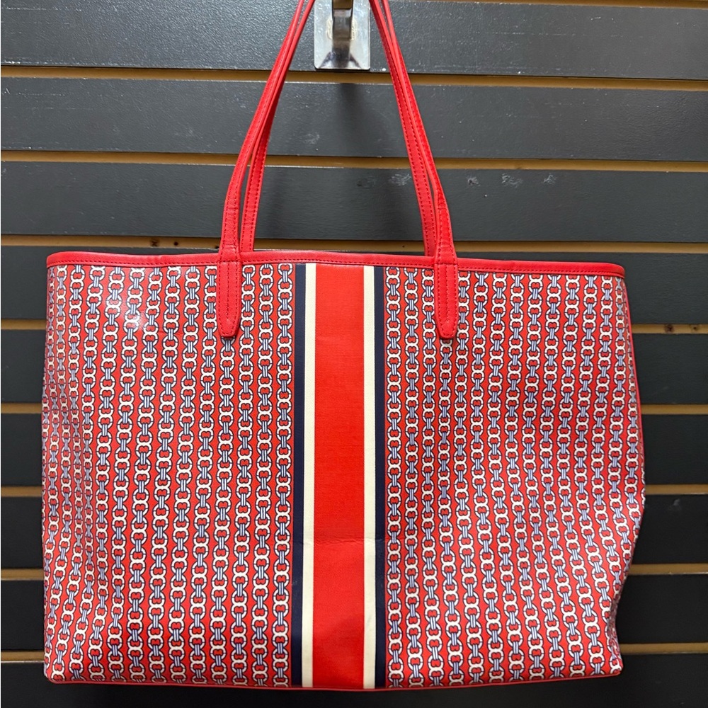 Tory Burch Red Logo Stripe Coated Canvas Tote Shoulder Bag - Picture 4 of 9